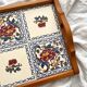 Vintage wooden and earthenware tray from Gien with Peonies decor
