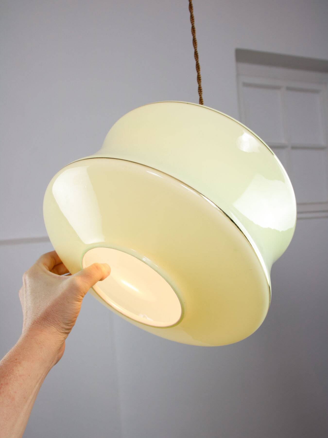 Mid-Century Italian Brass and Green Glass Pendant Lamp