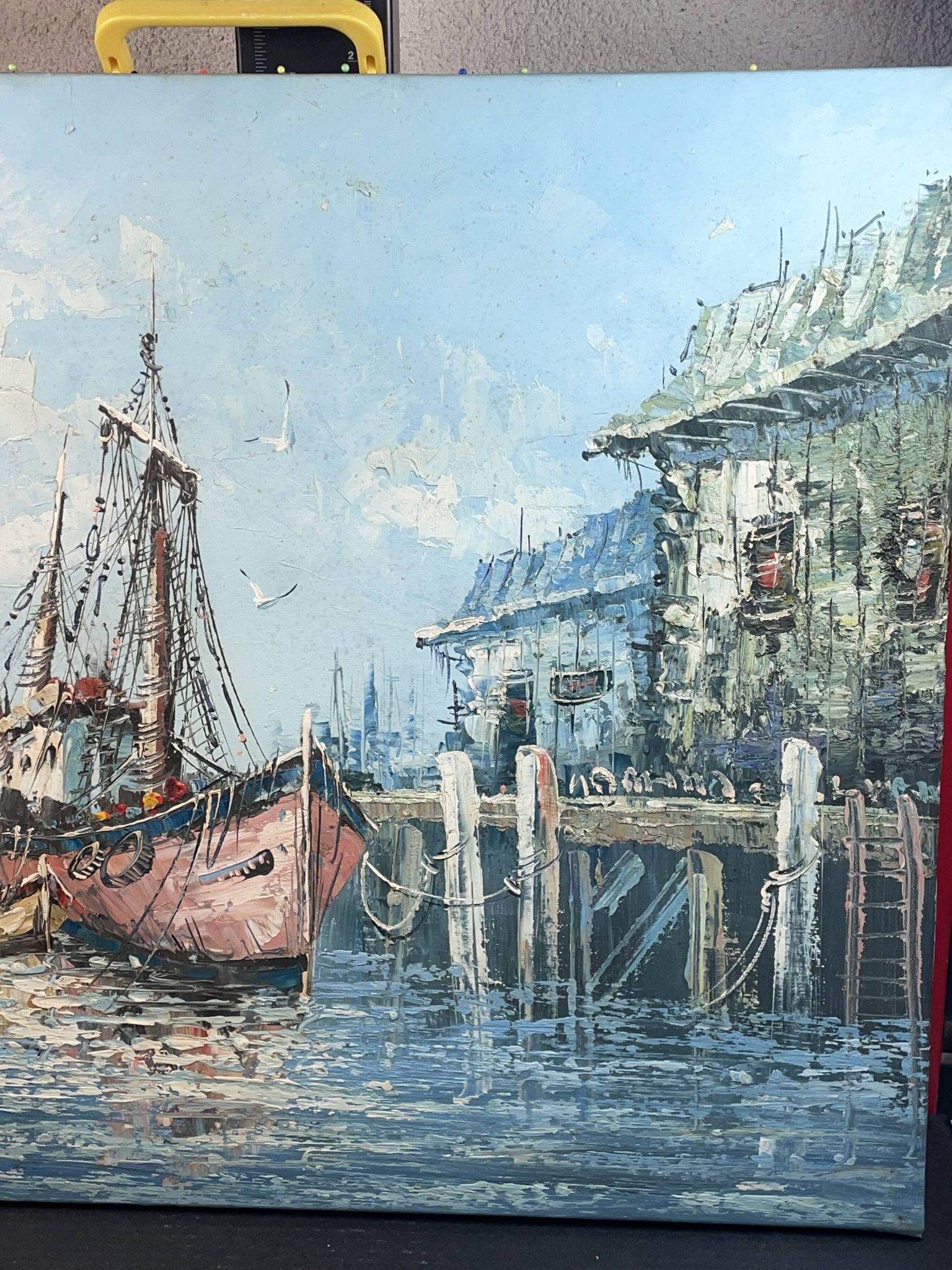Painting Oil on canvas, Marine, Boat at the dock signed Florence