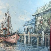 Painting Oil on canvas, Marine, Boat at the dock signed Florence