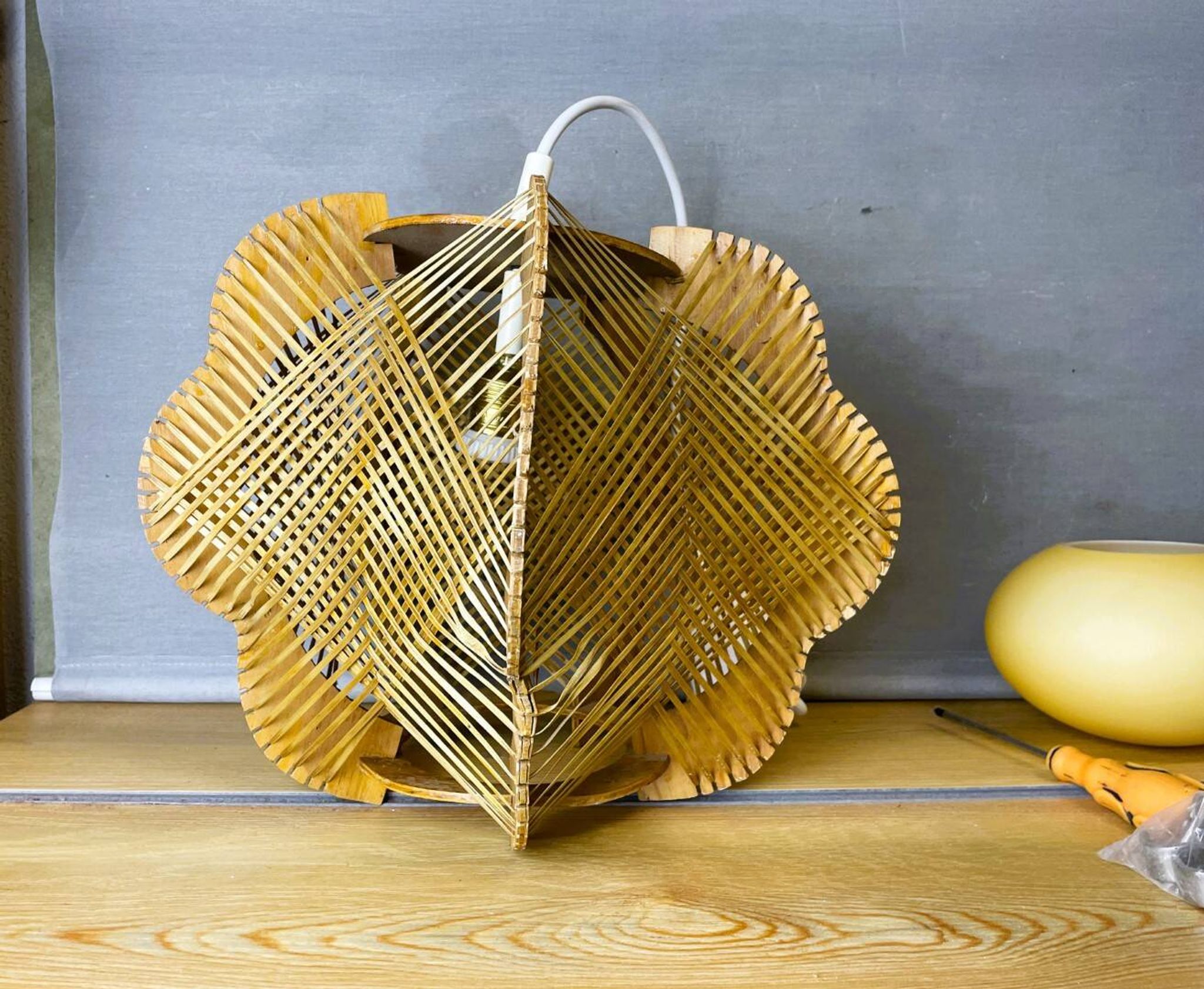 Portuguese mid century wood and straw wooden pendant lamp, 1960s