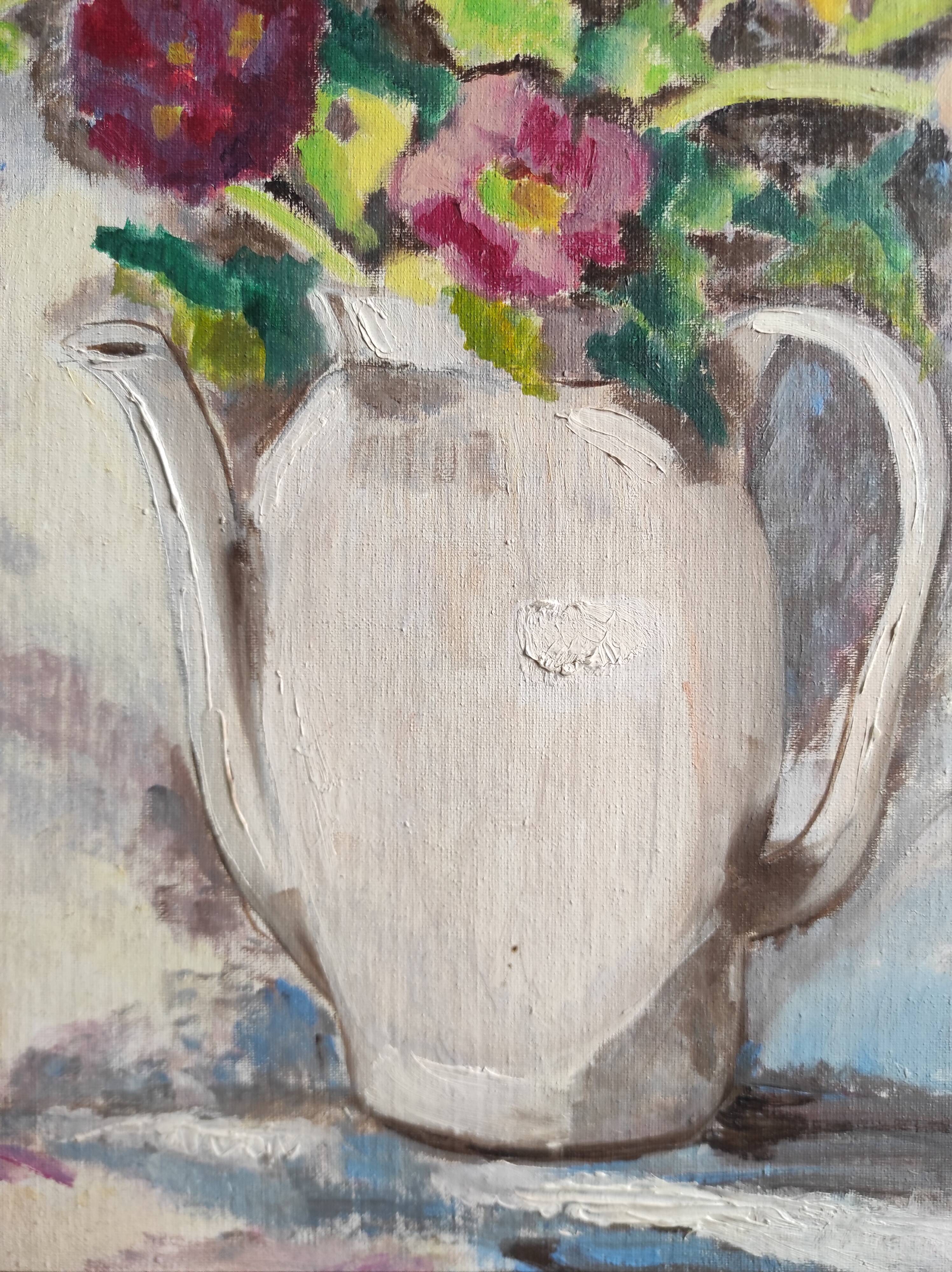 Vintage French oil painting of flowers, signed Renée