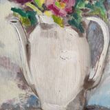 Vintage French oil painting of flowers, signed Renée