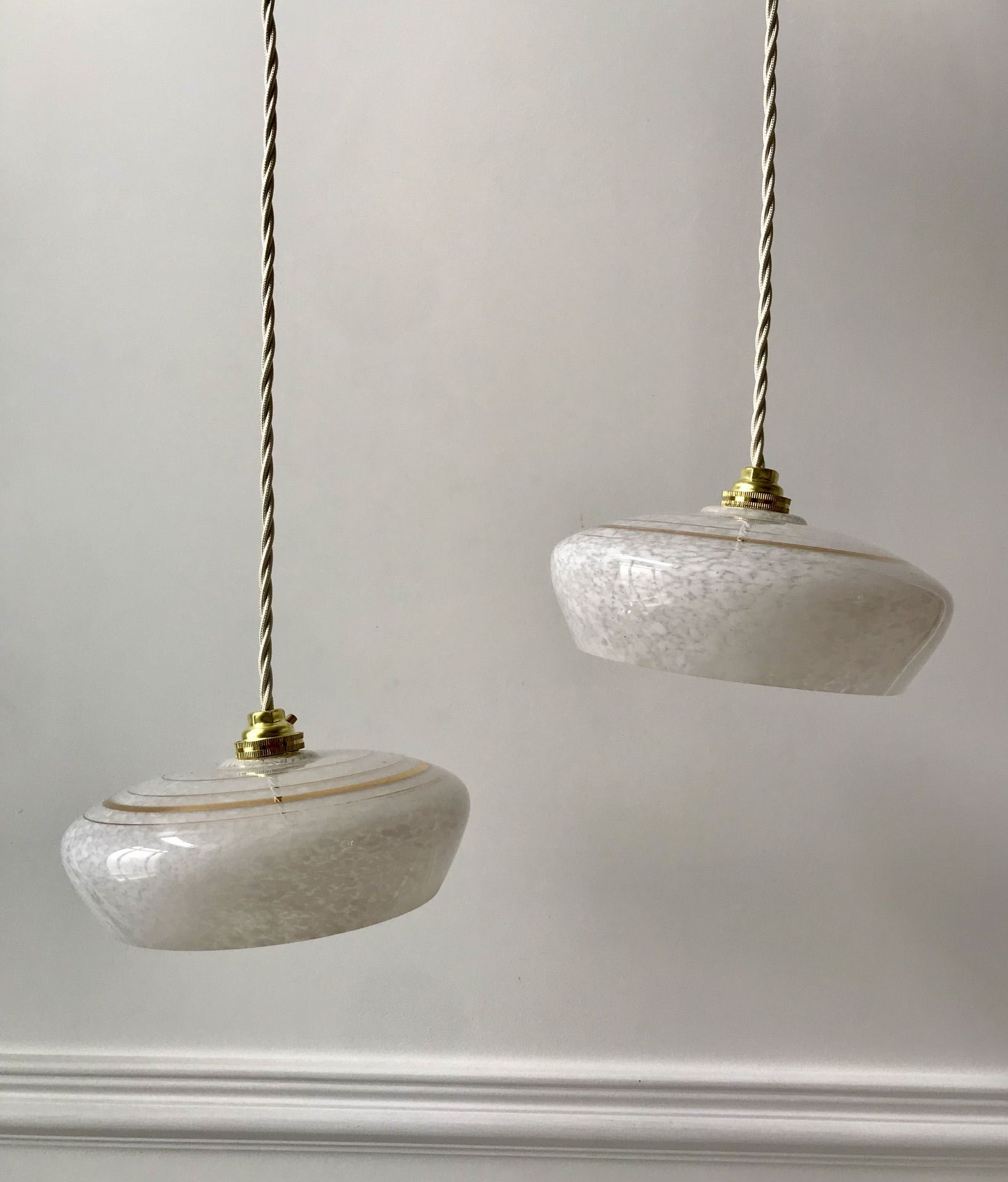Pair of suspensions in white Clichy glass and golden edging 40s-50s