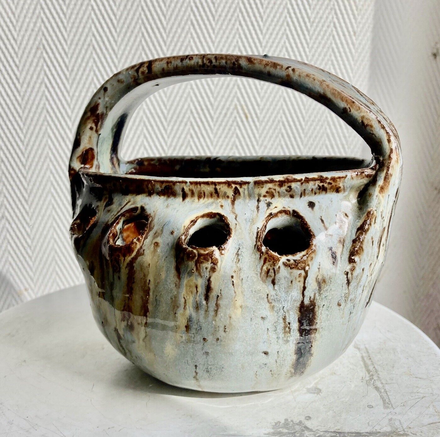 Glazed stoneware flower basket, signed Cécile Dein