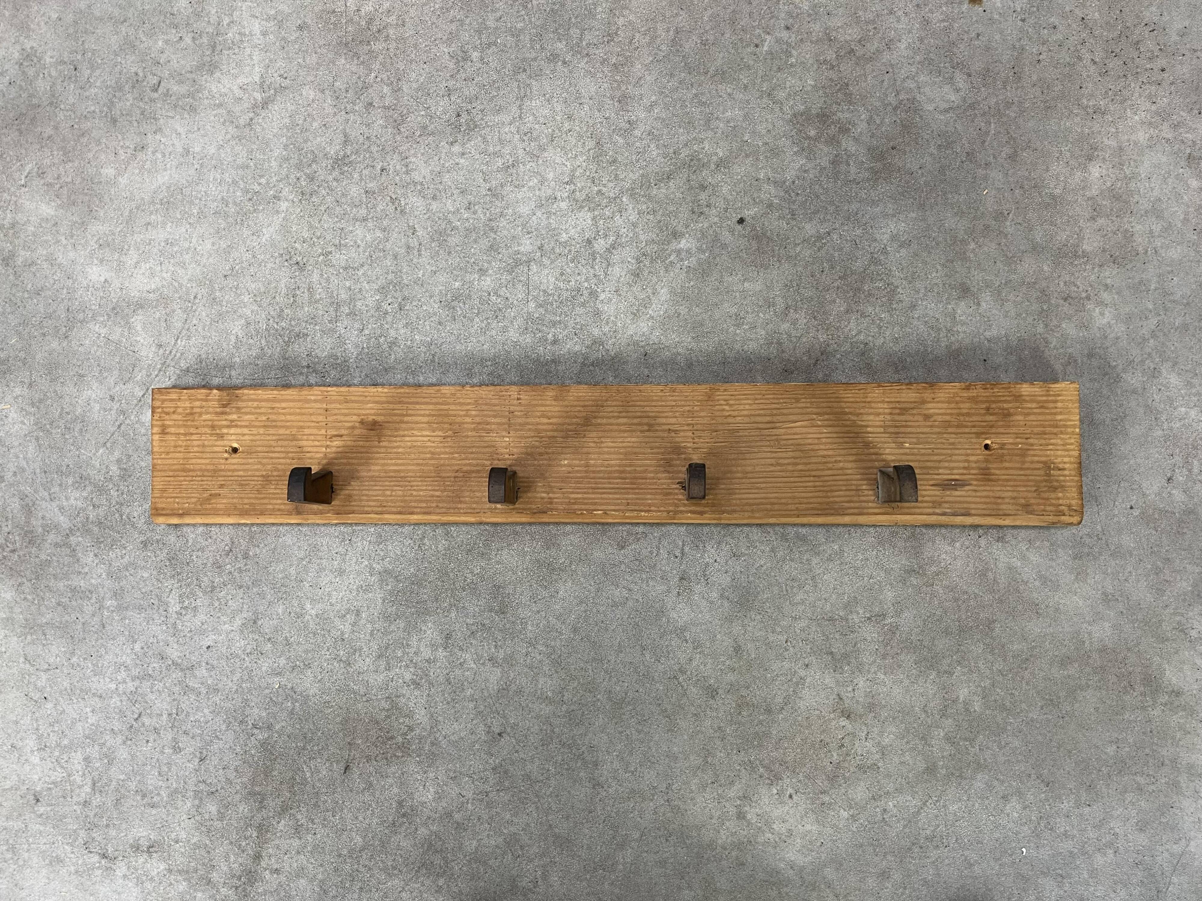 Brutalist pine chalet style wall coat rack, 4 hooks