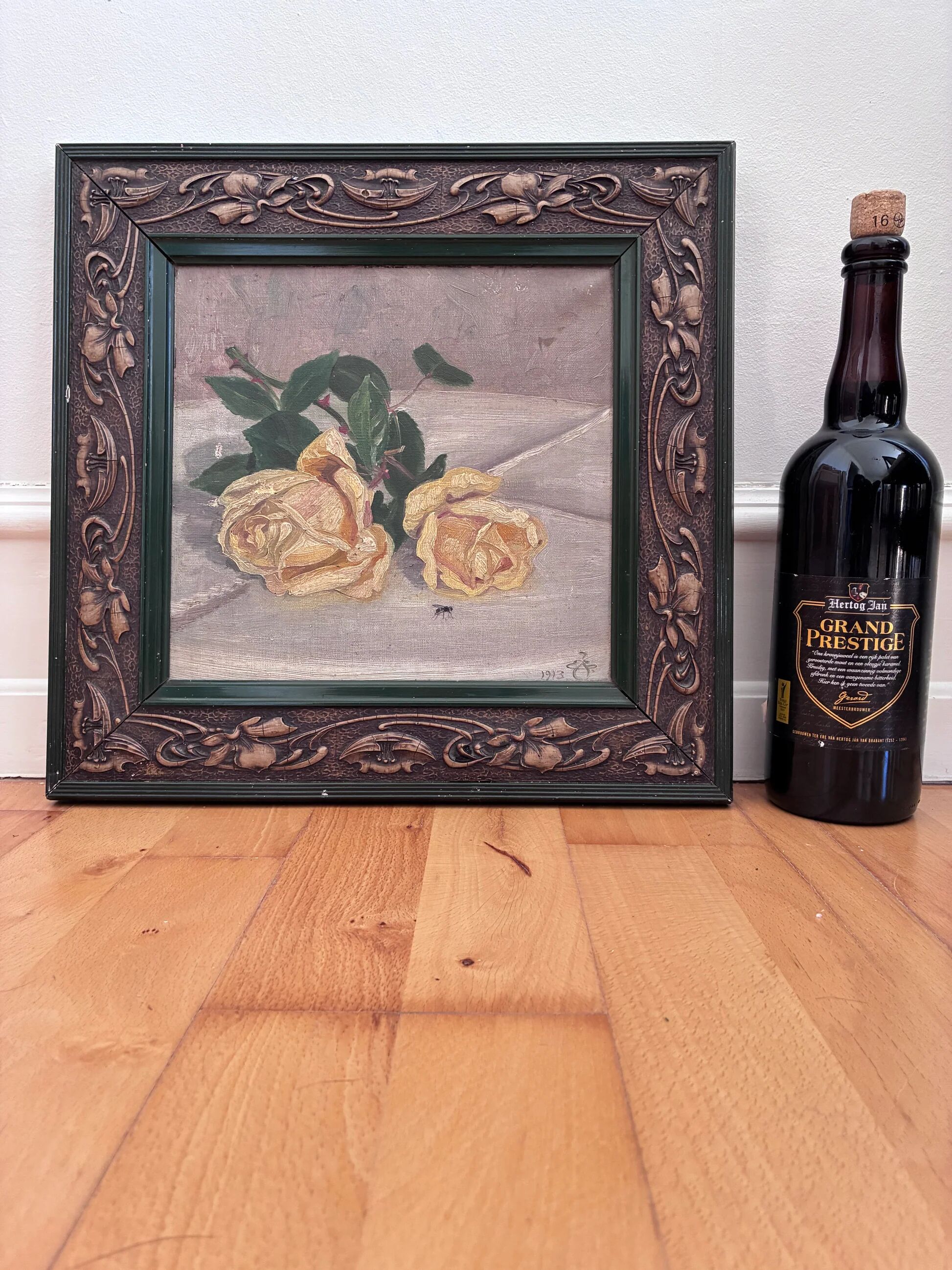 Antique original flower oil painting, yellow roses still life art