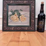 Antique original flower oil painting, yellow roses still life art