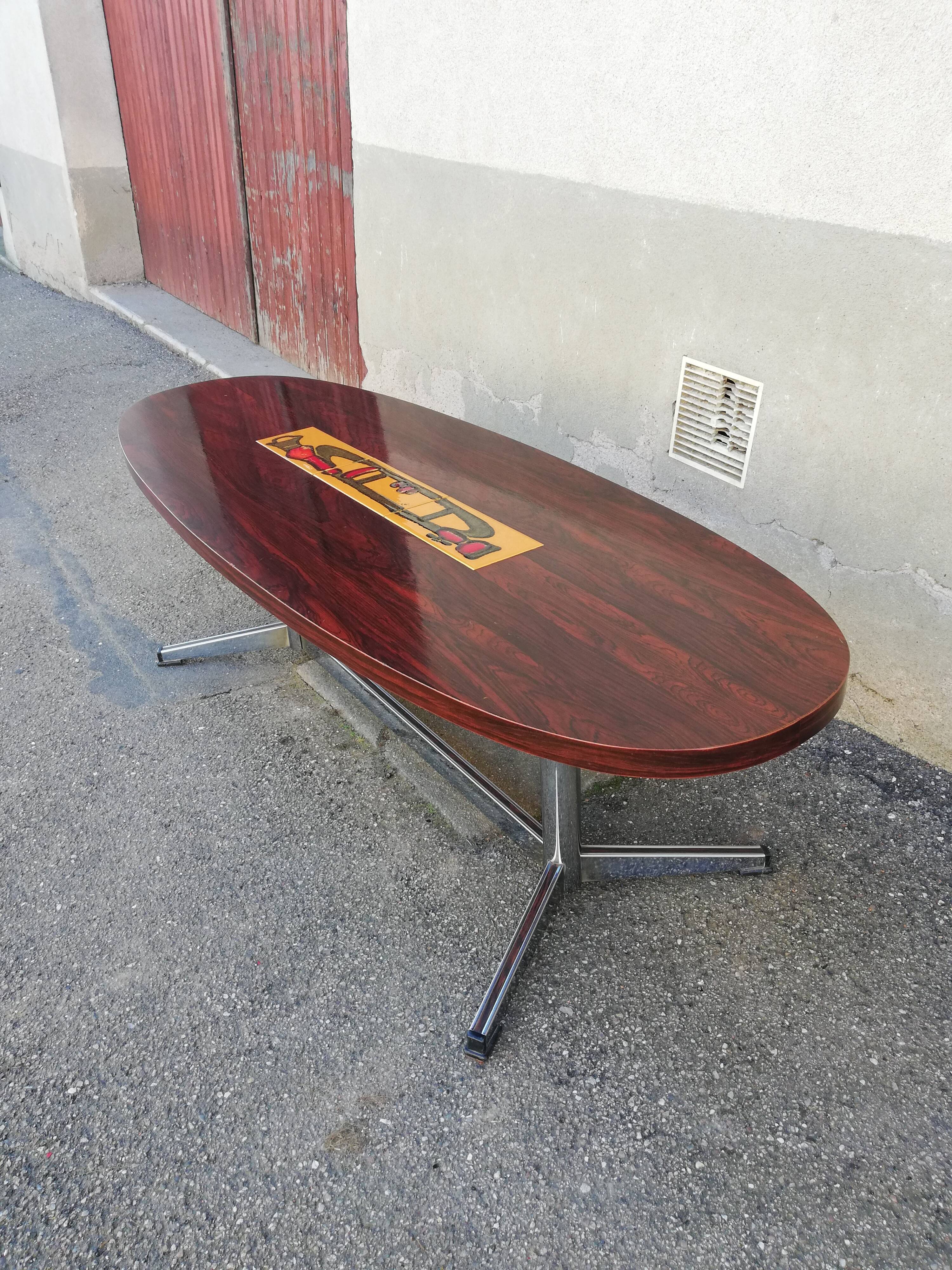 Table basse vintage ovale palissandre et céramique