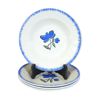 Set de 4 assiettes creuses Badonviller décor fleur bleu