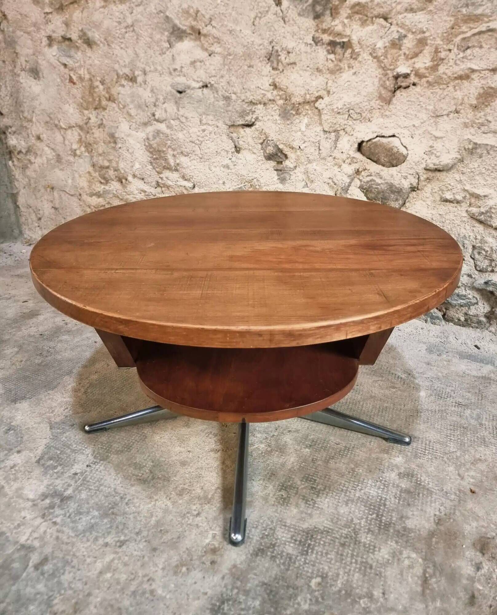 Vintage French Cherry Wood Coffee Table with Rotating Top - 1960s Round Shape on Iron Base Ø80cm