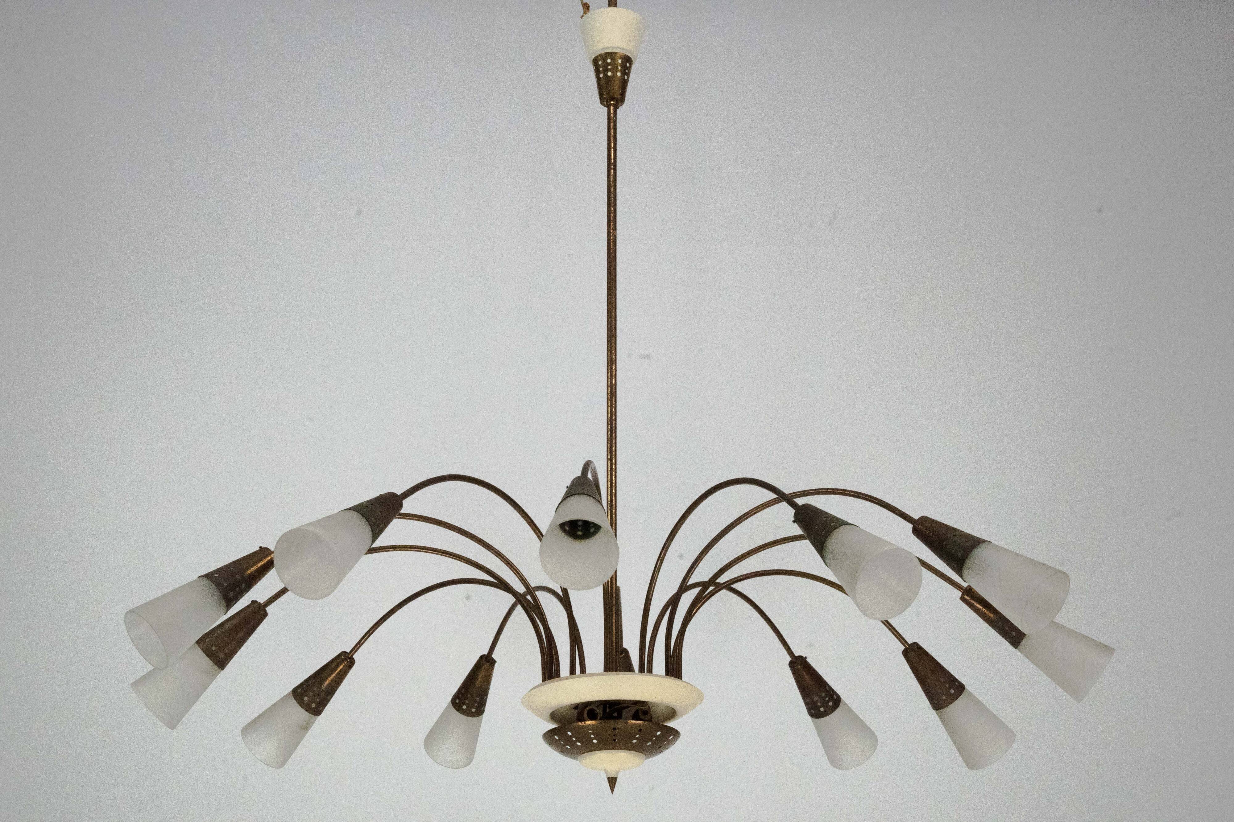 Large Italian Mid-Century Sputnik Brass Chandelier with Satin Glass, 1950s