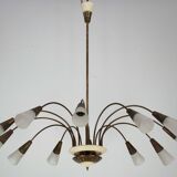 Large Italian Mid-Century Sputnik Brass Chandelier with Satin Glass, 1950s