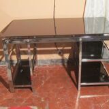 Vintage 70s chrome and smoked glass desk.