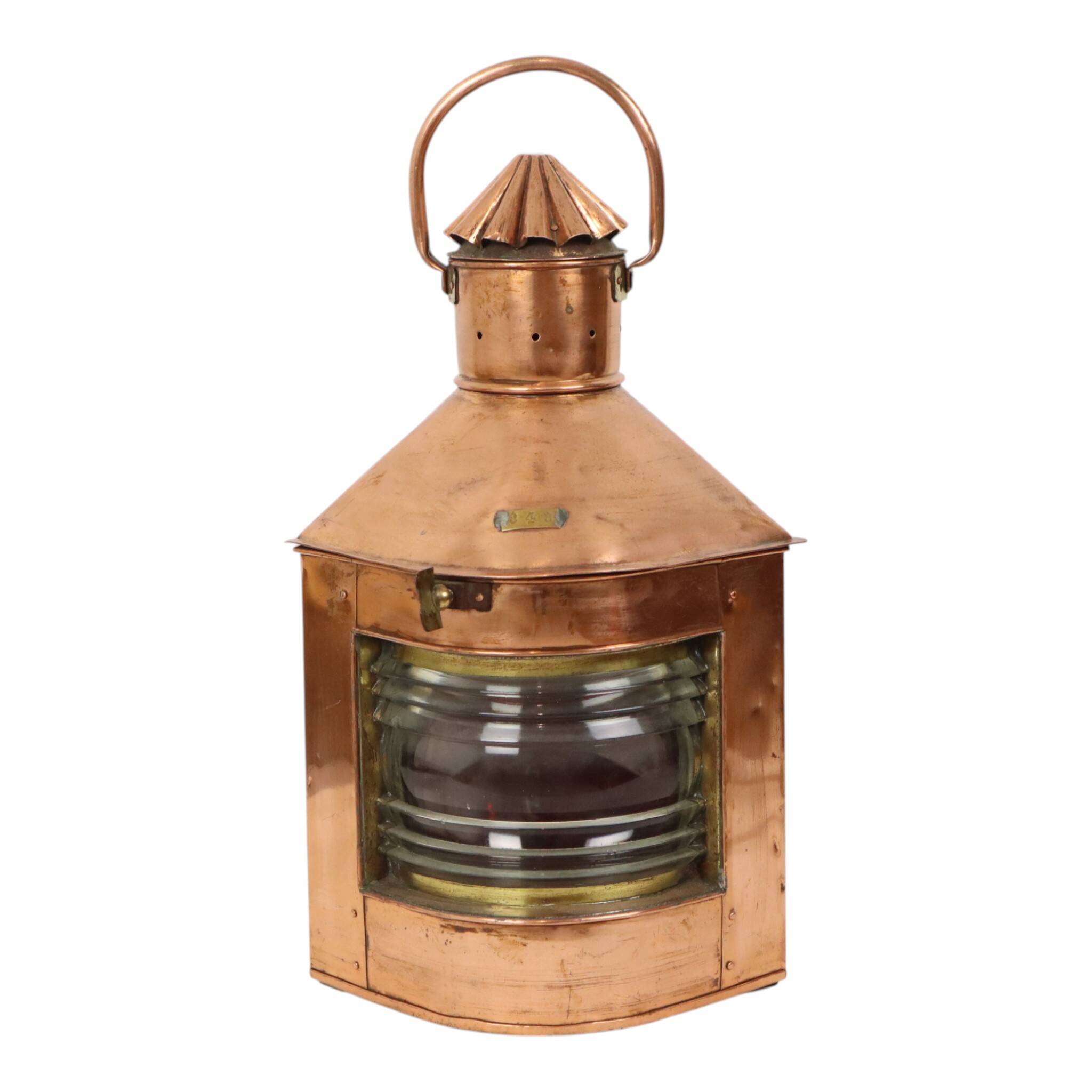 Large Vintage Ship's Lamp Red Copper Fresnel Lens 49cm