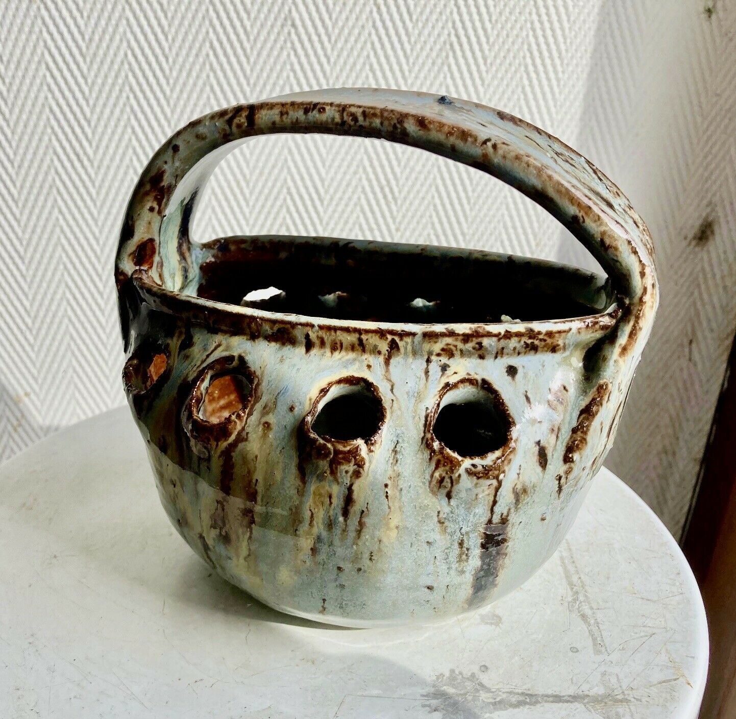 Glazed stoneware flower basket, signed Cécile Dein