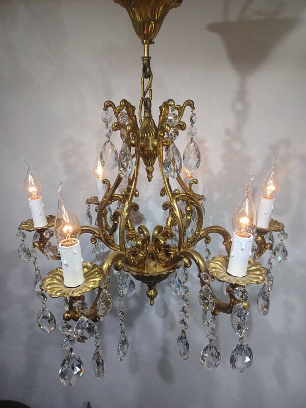 Lustre cage 6 lumières bronze et cristal