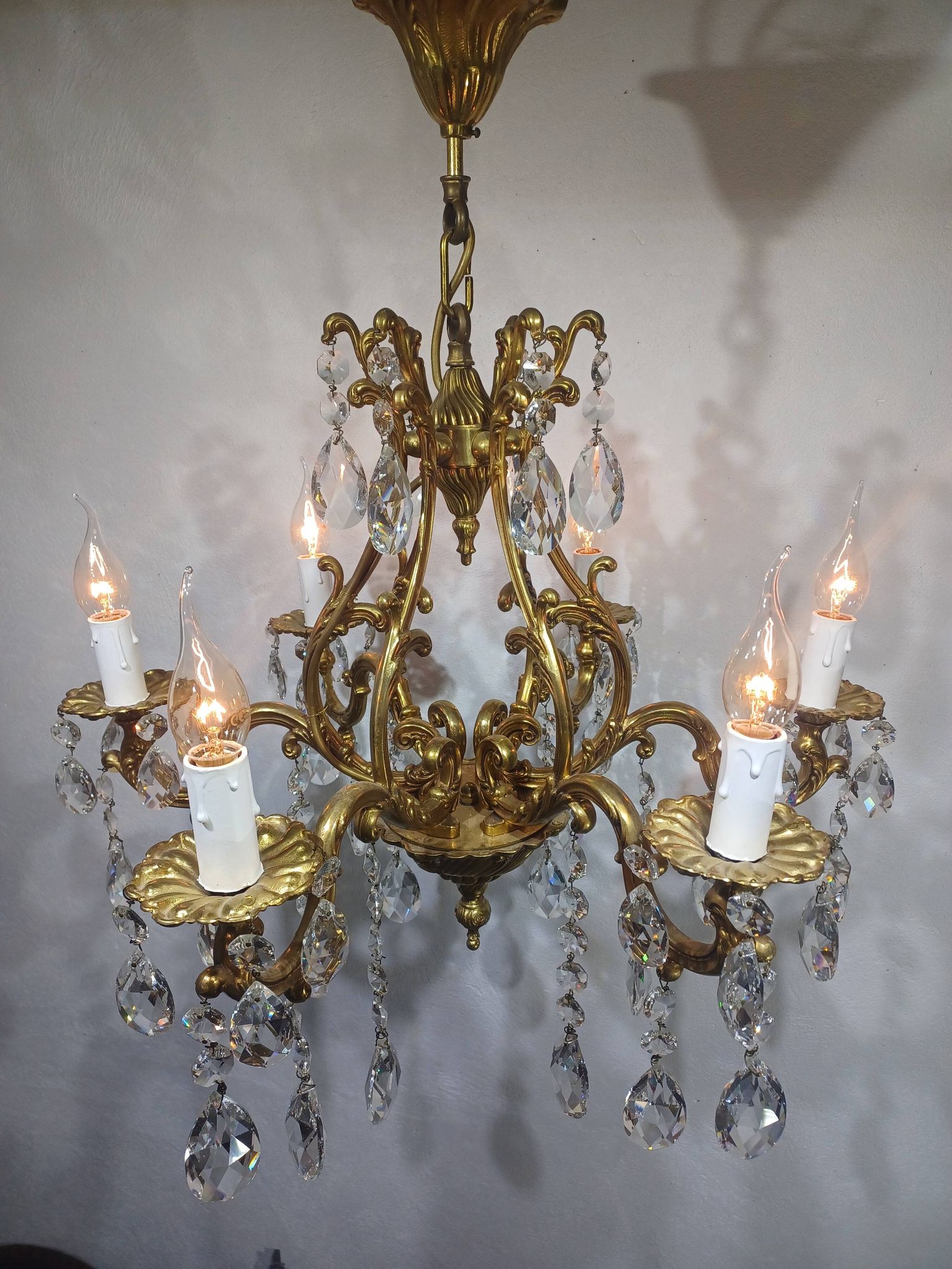 Lustre cage 6 lumières bronze et cristal
