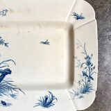Small rectangular Gien dish in blue ironstone, "Birds" service from around 1870.
