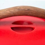 Red enamelled cast iron pot in mid-century style with teak handle by Timo Sarpaneva for Rosenlew of Finland, 1960s.