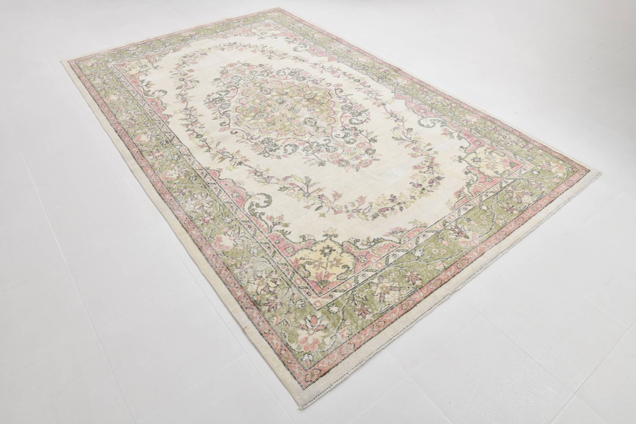 Beige & Green Vintage Persian Rug, Soft Palette Rug, 204x320 Cm
