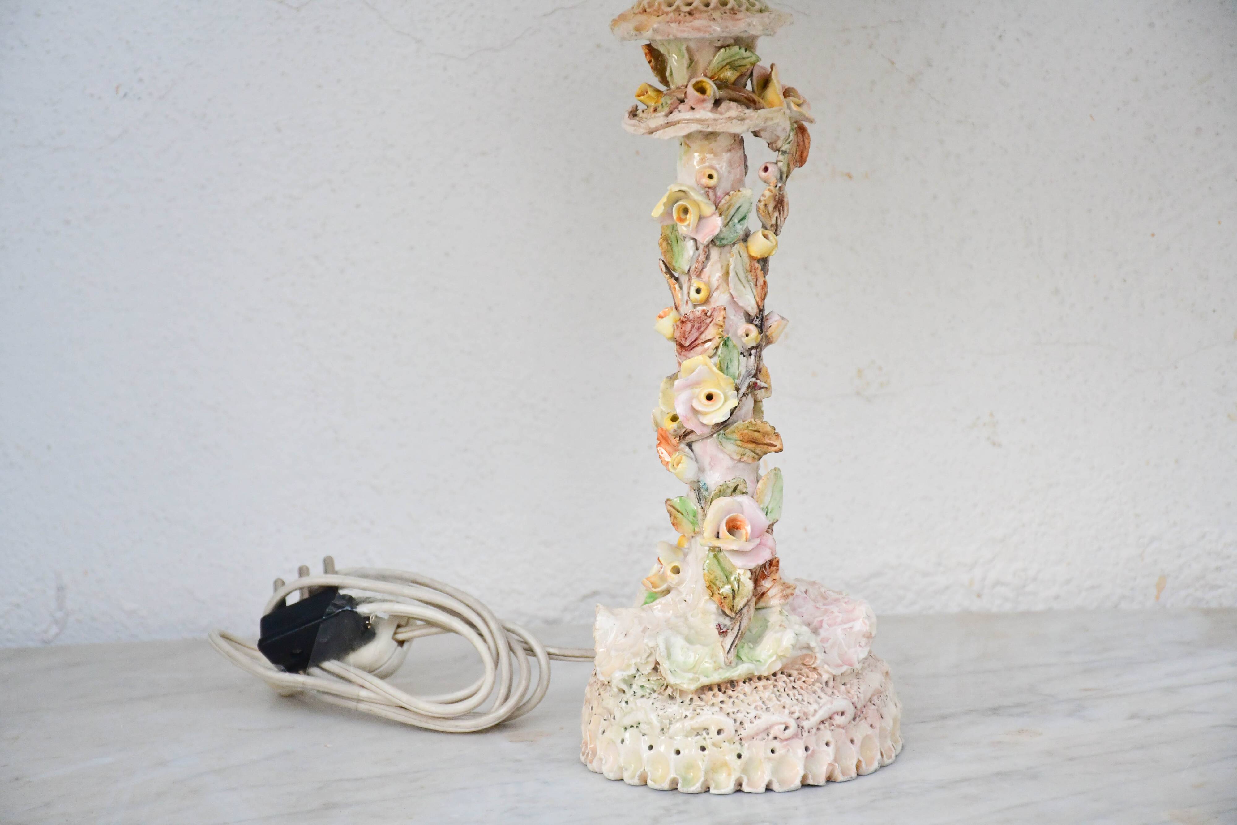 Set of 2 midcentury Italian ceramic floral table lamps