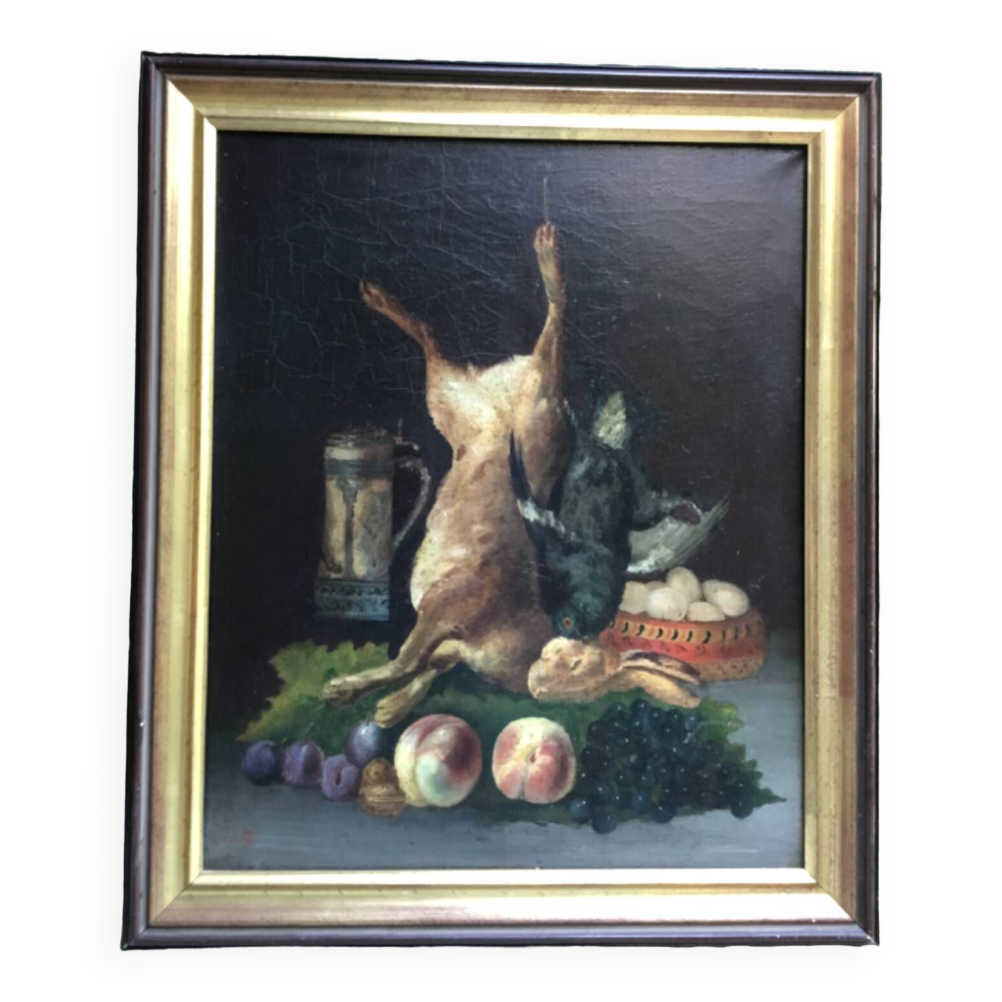 École française.huile sur toile encadrée.nature morte au lièvre