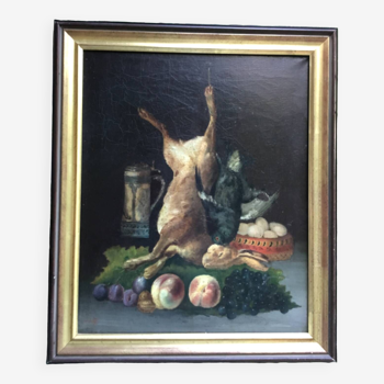 École française.huile sur toile encadrée.nature morte au lièvre