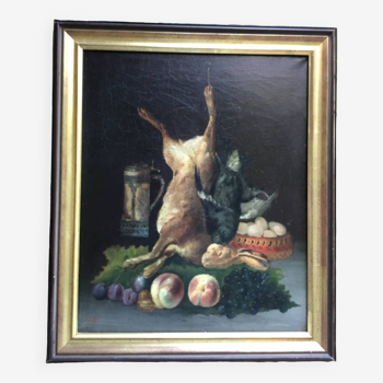 French school.oil on framed canvas.still life with hare
