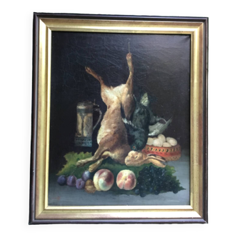 French school.oil on framed canvas.still life with hare