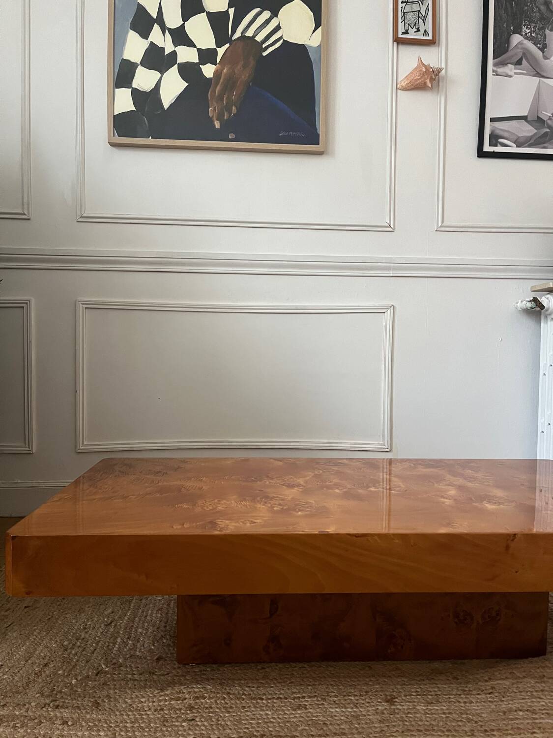Table basse en loupe d’orme vintage 70 Rochebobois