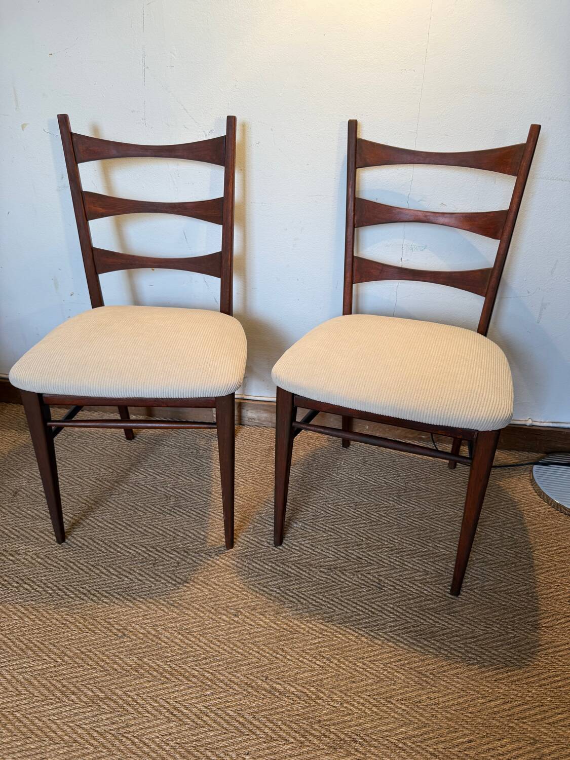 Pair of vintage wood and corduroy chairs