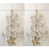 Pair of wall lamps, 1930-1940, in gilded bronze and crystal grapevines
