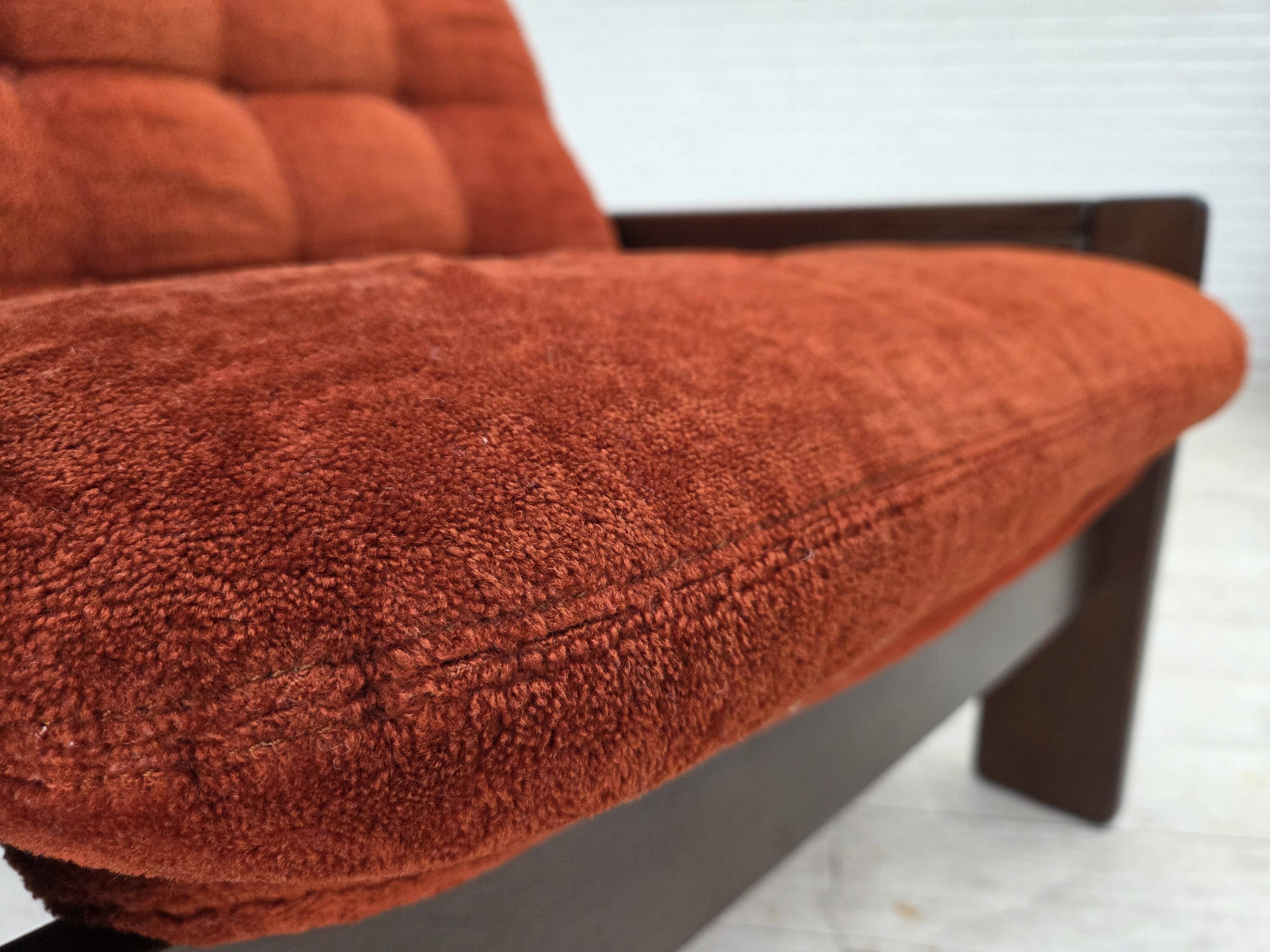 1970s, Danish armchair, orange/red furniture velour, dark oak wood.