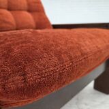 1970s, Danish armchair, orange/red furniture velour, dark oak wood.