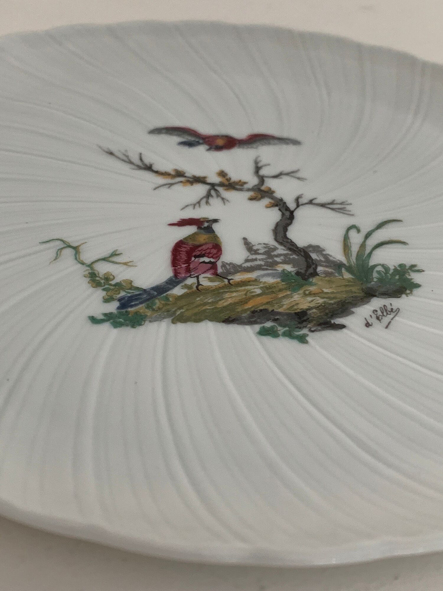 8 Bernardaud and Co. dessert plates signed Elbé, Limoges porcelain, decorated with birds
