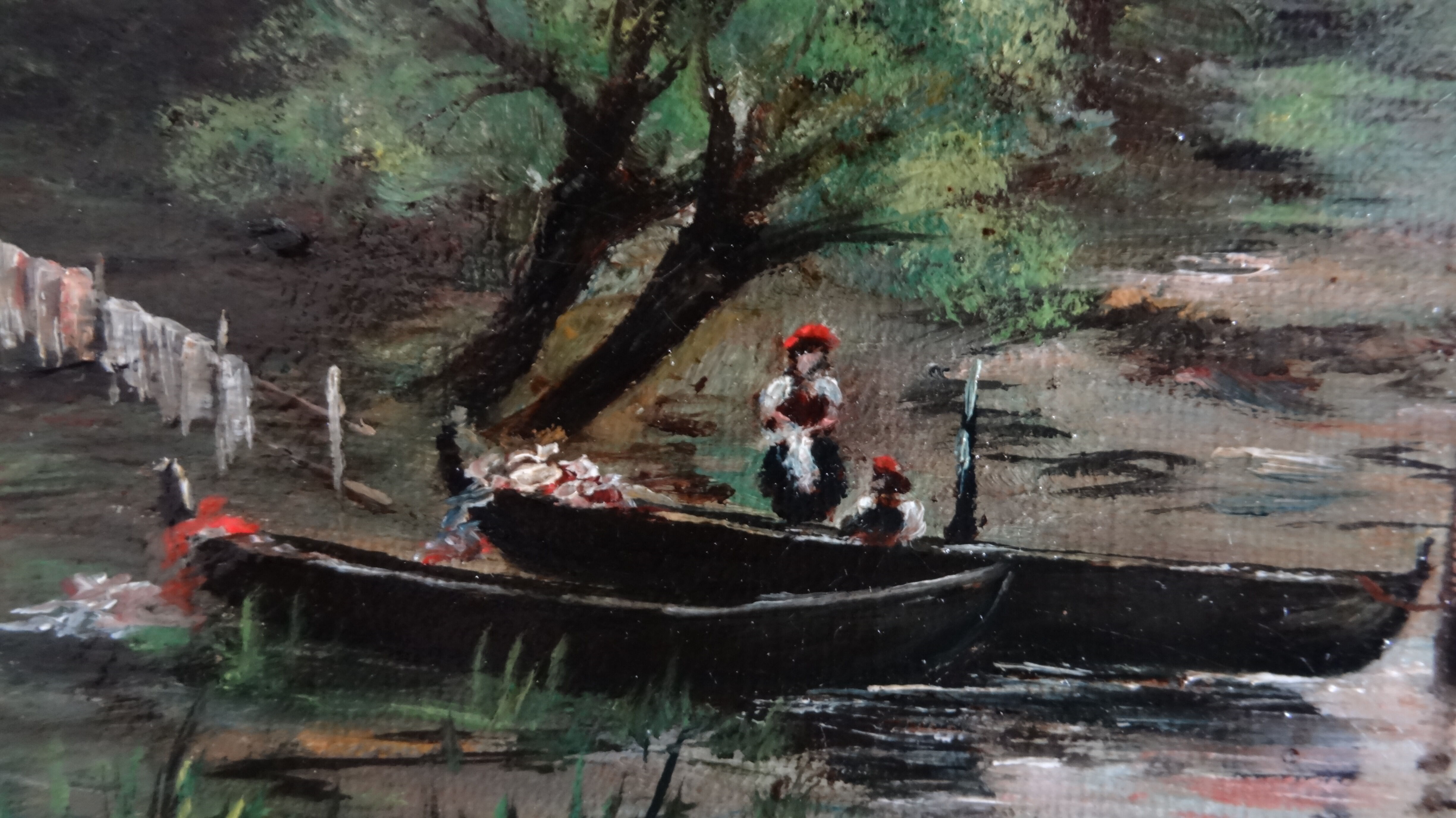 Animated landscape, washerwomen by the river, 81 x 70 cm, Oil on canvas XIXth by E. AYGAL