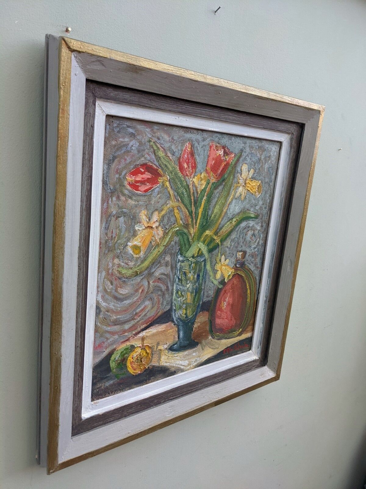 Mid-Century Modern "Still Life with Tulips" Swedish Vintage Expressionist Still Life Oil Painting, F