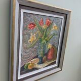 Mid-Century Modern "Still Life with Tulips" Swedish Vintage Expressionist Still Life Oil Painting, F