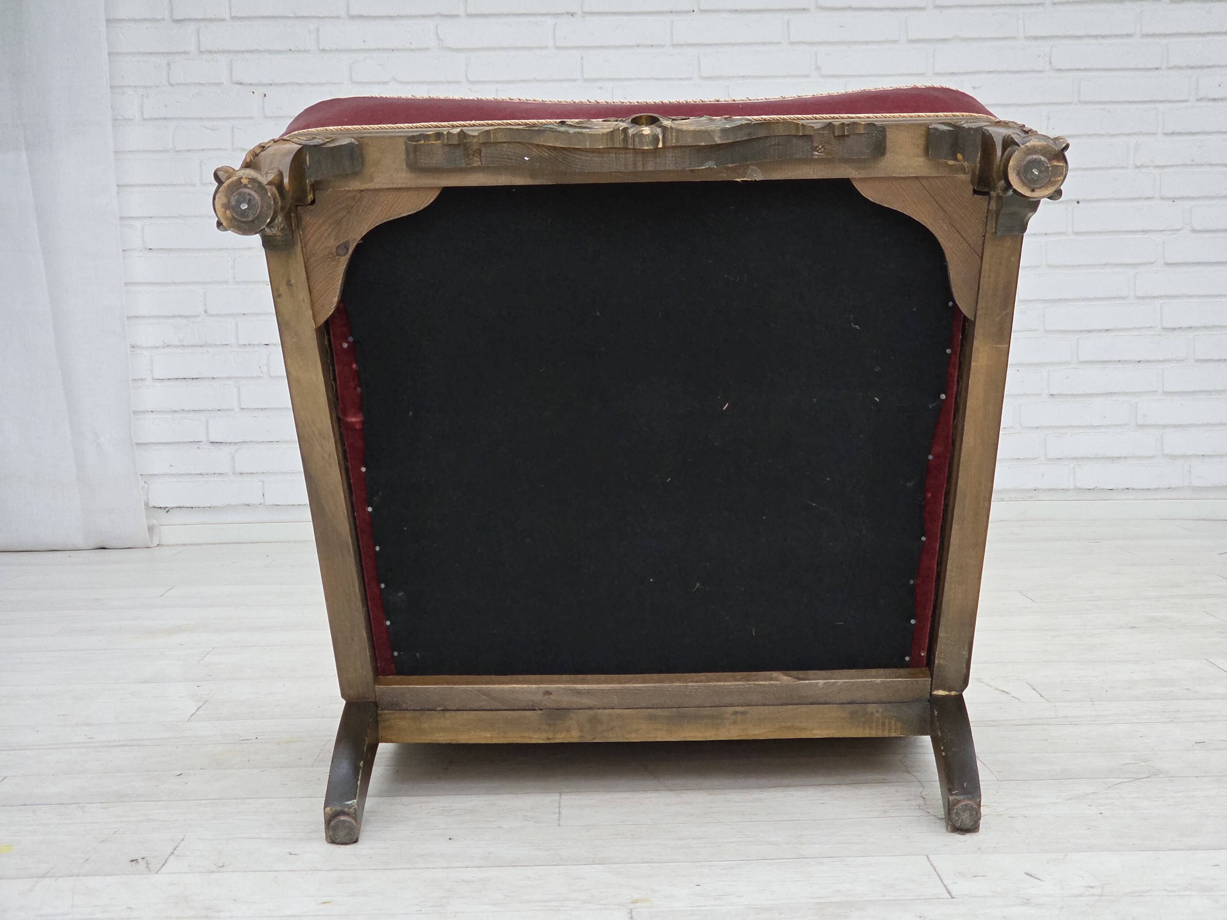 1940s, Danish armchair, woven wool, velour, mesh, carved oak wood.