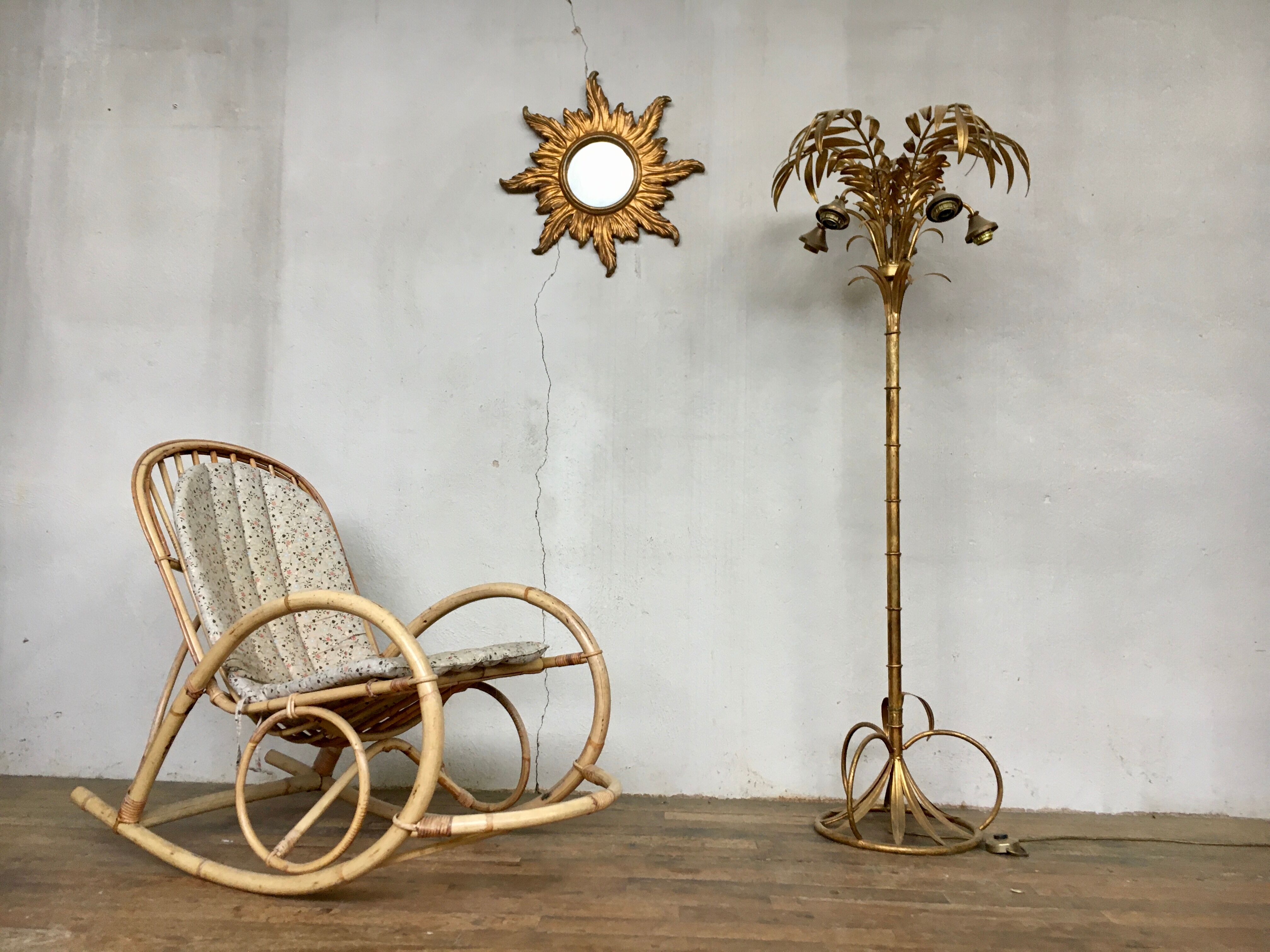 Rocking flesh in bamboo rattan and vintage wicker 1950