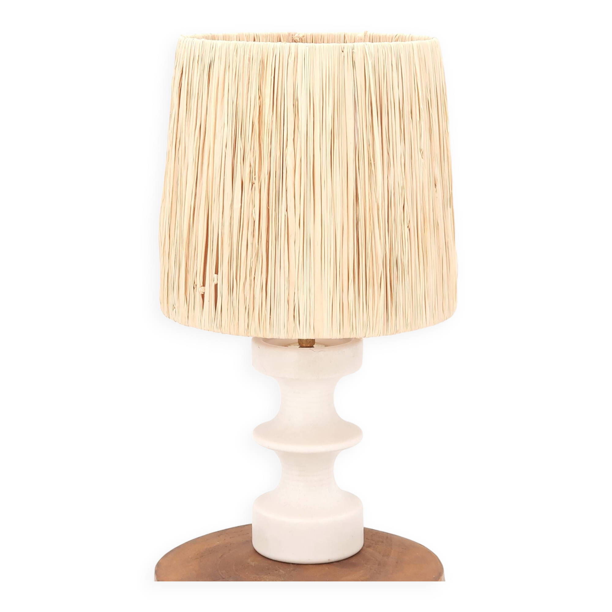 White ceramic lamp by Cari Zalloni, raffia lampshade
