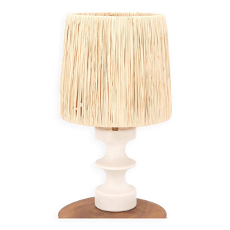 White ceramic lamp by Cari Zalloni, raffia lampshade