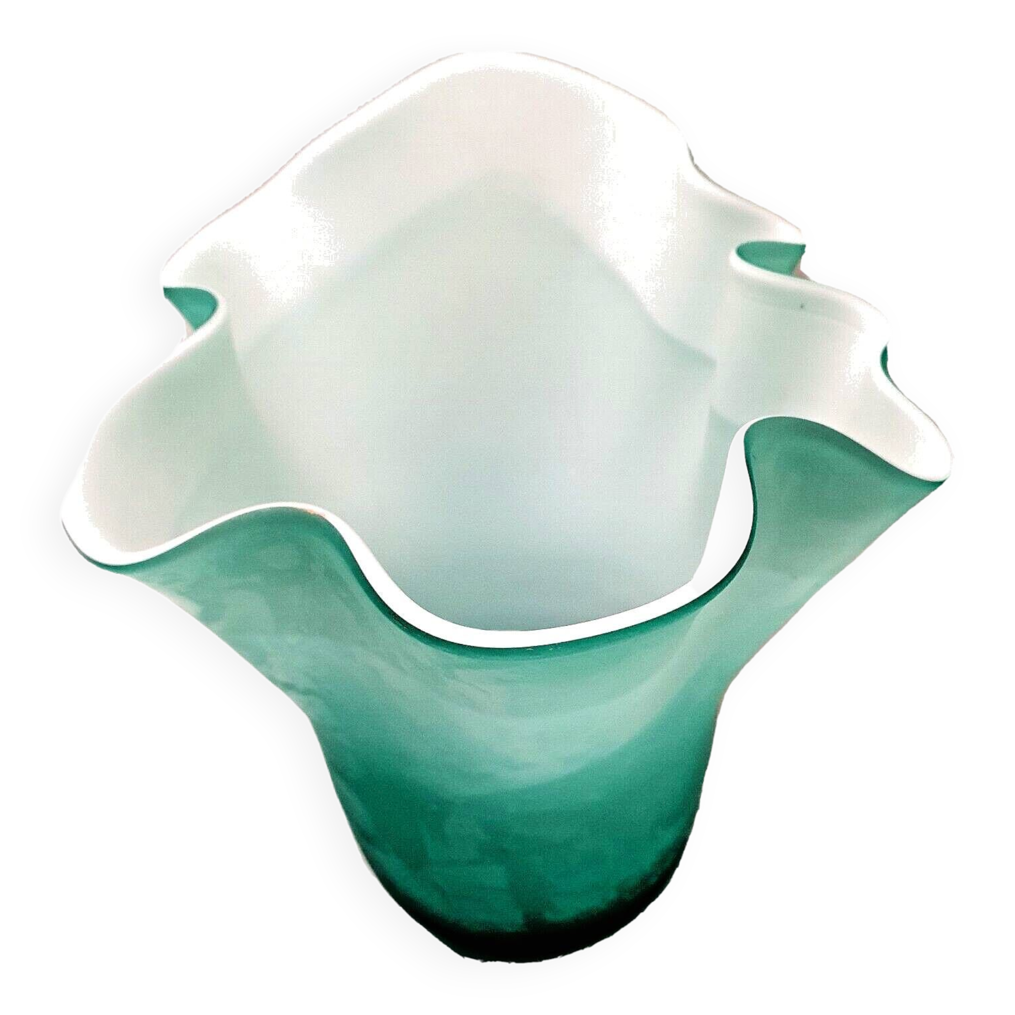Vase handkerchief opaline turquoise interior white handmade work art deco