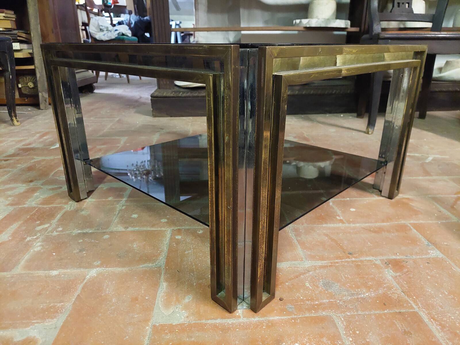 Smoked coffee table, brass, chromed metal, glass, 70s