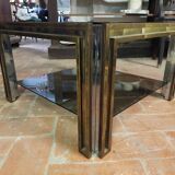 Smoked coffee table, brass, chromed metal, glass, 70s