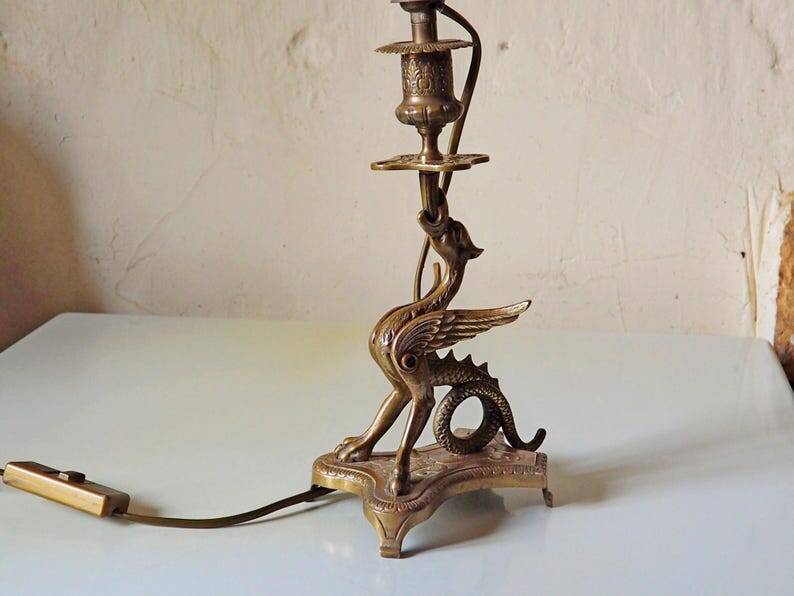 Vintage Brass Dragon Griffin Table Lamp: Mid-Century Modern Lighting
