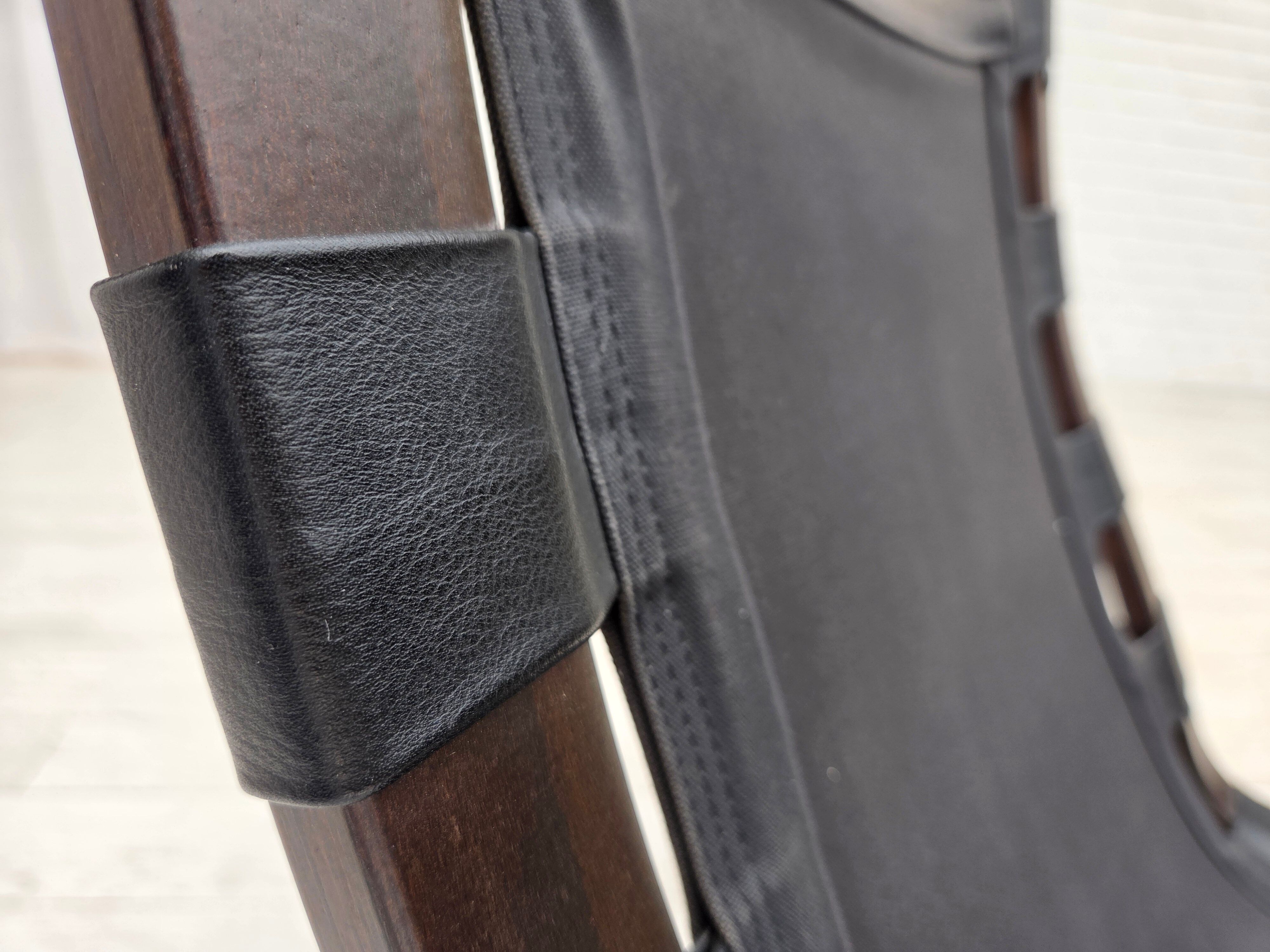 1970s, Danish loungechair by Farstrup, leather, canvas, bent wood.