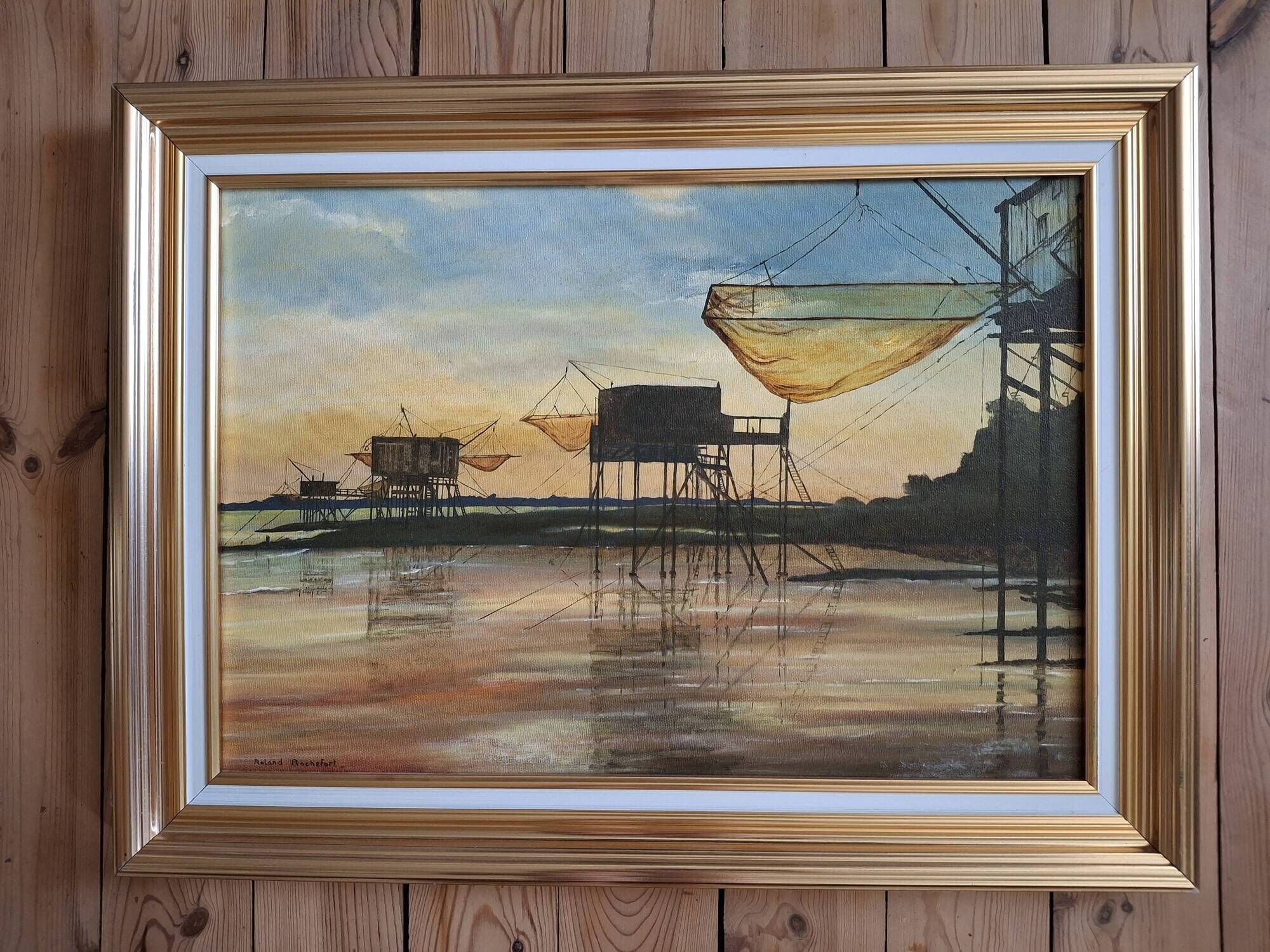 Oil on canvas Roland Rochefort signed framed Carrelets Meschers / Gironde