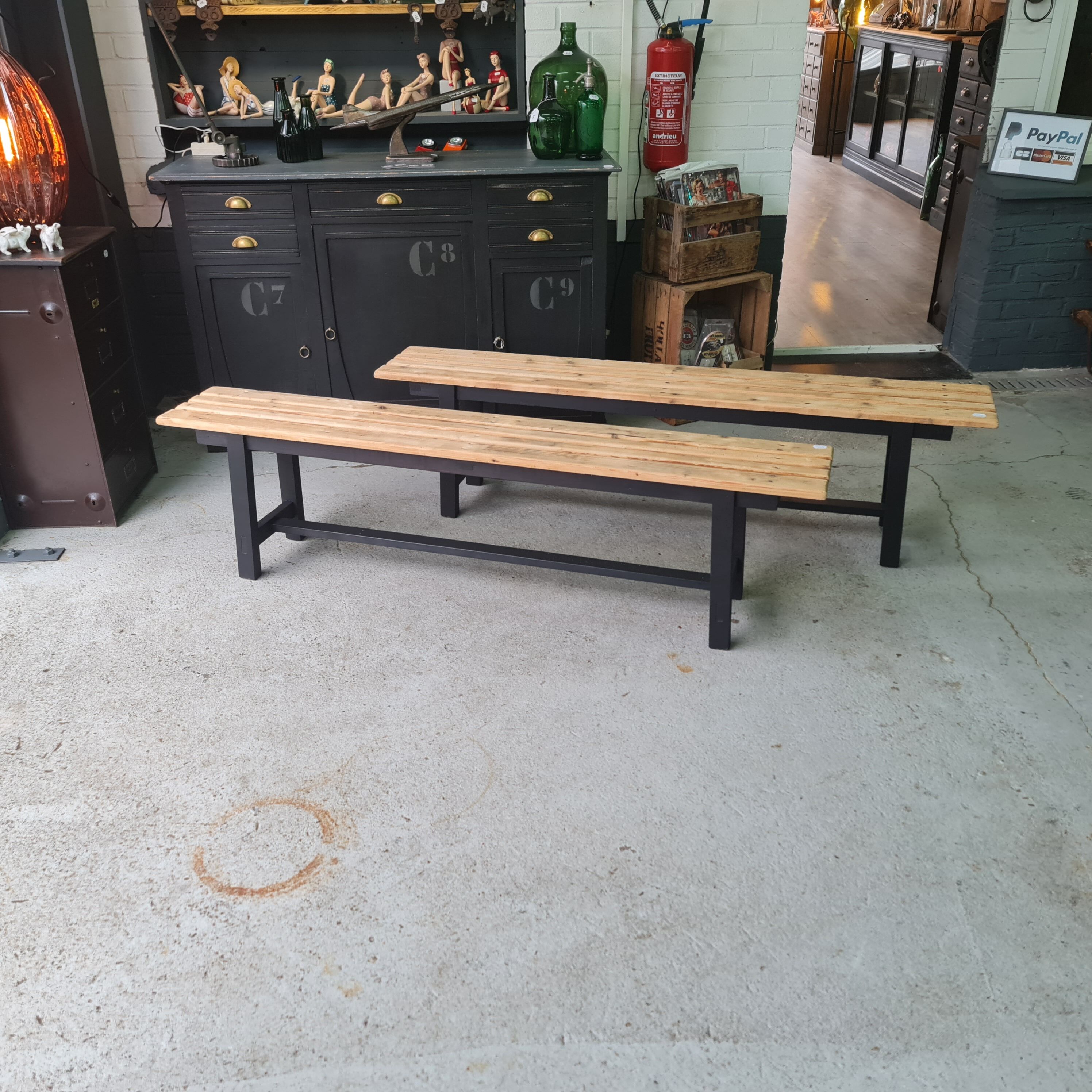 Pair old bench in industrial and vintage pine